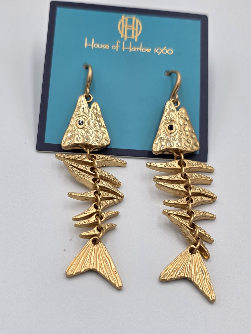 House of‎ Harlow 1960 Gold Fish Skeleton Articulated Drop Dangle Earrings - Picture 5 of 5
